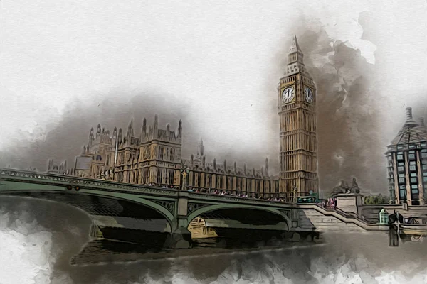 Λονδίνο Big Ben Τέχνη Σχέδιο Σκίτσο Εικονογράφηση Διασκεδαστικό Σχεδιασμό Ρετρό — Φωτογραφία Αρχείου