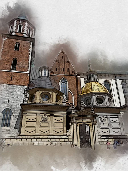 Vecchia Città Krakow Arte Illustrazione Retrò Vintage — Foto Stock