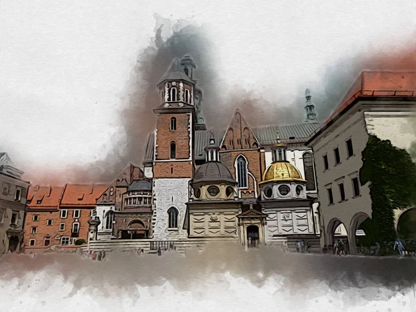 Stare Miasto Krakow Sztuka Ilustracja Retro Vintage — Zdjęcie stockowe