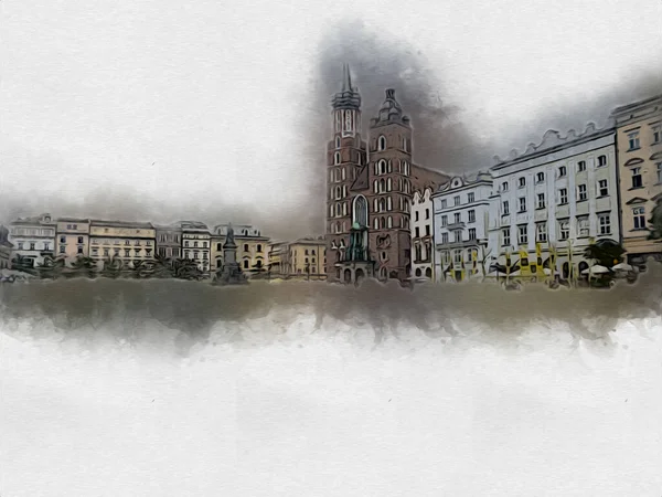 Cidade Velha Krakow Arte Ilustração Retro Vintage — Fotografia de Stock