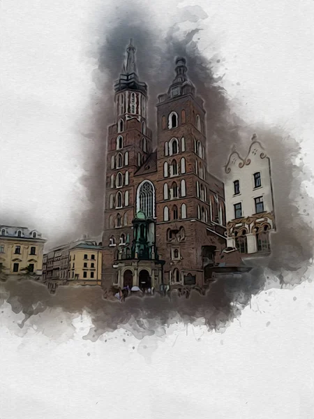 Vieille Ville Krakow Art Illustration Rétro Vintage — Photo