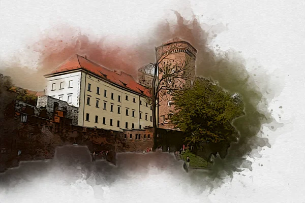 Vieille Ville Krakow Art Illustration Rétro Vintage — Photo