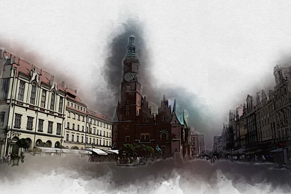 Wroclaw Cidade Poland Retro Vintage Arte Desenho Esboço Ilustração — Fotografia de Stock