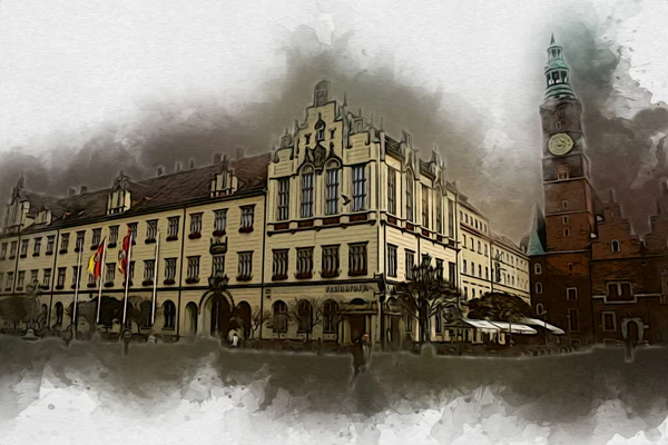 Breslau Stadt Polen Retro Vintage Art Zeichnung Skizze Illustration — Stockfoto