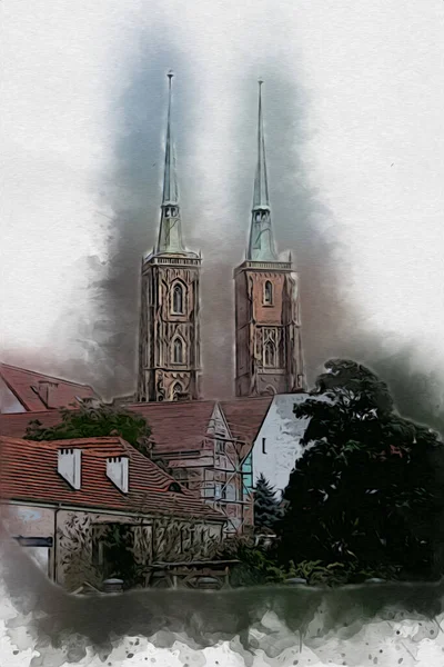 Wrocław Miasto Poland Retro Vintage Sztuka Rysunek Szkic Ilustracja — Zdjęcie stockowe