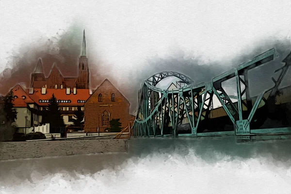Wroclaw Πόλη Πολωνία Ρετρό Τέχνης Σχέδιο Σκίτσο Εικονογράφηση — Φωτογραφία Αρχείου