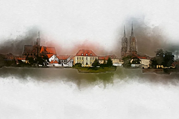 Wroclaw Stad Polen Retro Vintage Kunst Tekening Schets Illustratie — Stockfoto