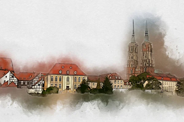 Wroclaw Stad Polen Retro Vintage Kunst Tekening Schets Illustratie — Stockfoto