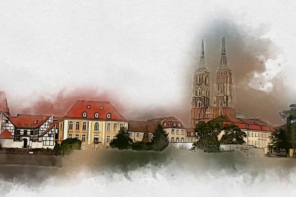 Wroclaw Stad Polen Retro Vintage Kunst Tekening Schets Illustratie — Stockfoto