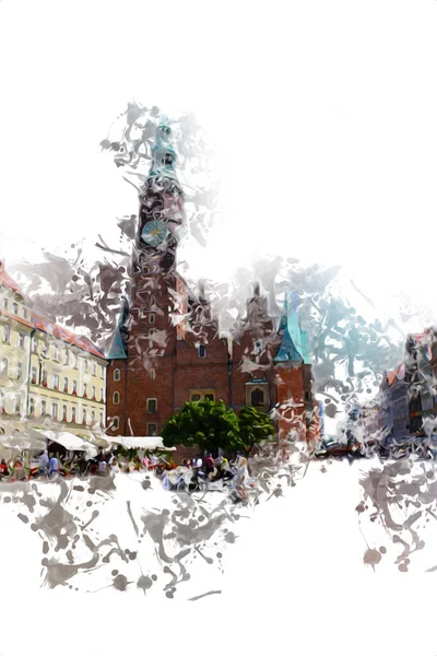 Wroclaw City Poland Retro Vintage Art Drawing Sketch Illustration — Stock Photo, Image