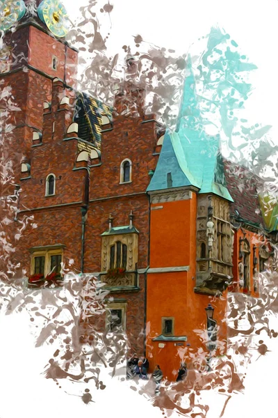 Wroclaw Város Lengyel Retro Vintage Rajz Vázlat Illusztráció — Stock Fotó