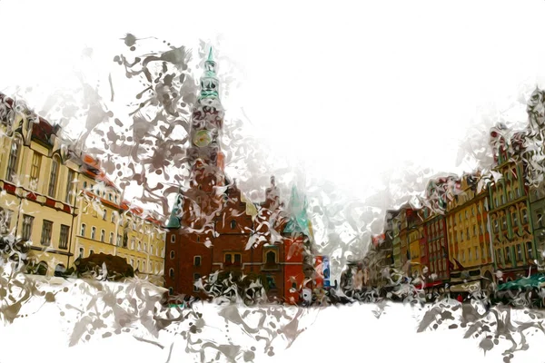 Wroclaw Cidade Poland Retro Vintage Arte Desenho Esboço Ilustração — Fotografia de Stock