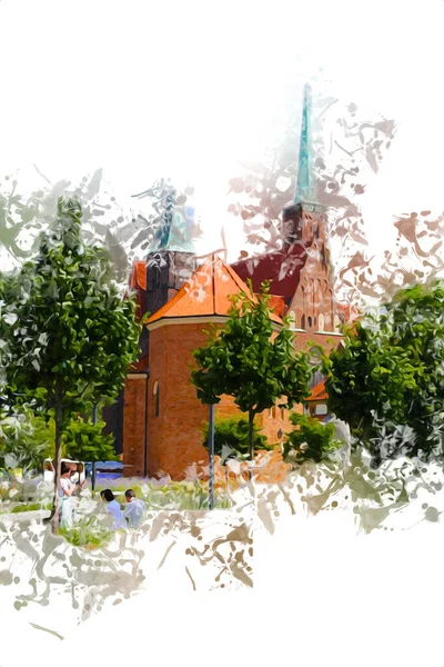 Wroclaw市波兰复古艺术素描图解 — 图库照片