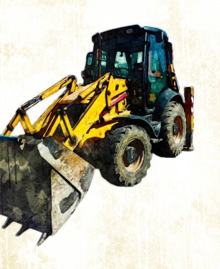 Kazı makinesi traktör çizimi rengi izole edilmiş antika sanat eserleri