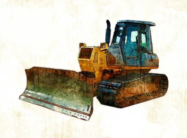 Bulldozer Ilustração Cor Arte Grunge Desenho Vintage — Fotografia de Stock