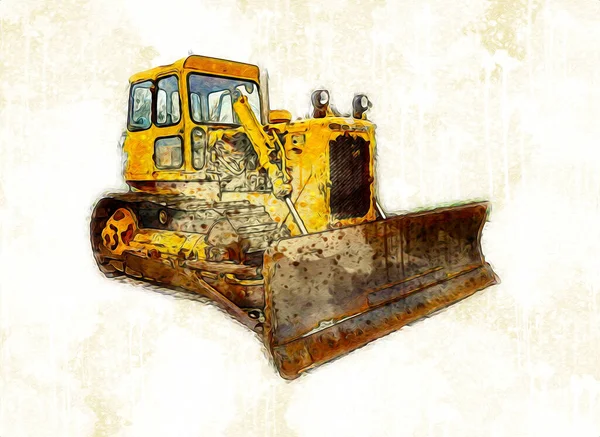 Bulldozer Ilustração Cor Arte Grunge Desenho Vintage — Fotografia de Stock