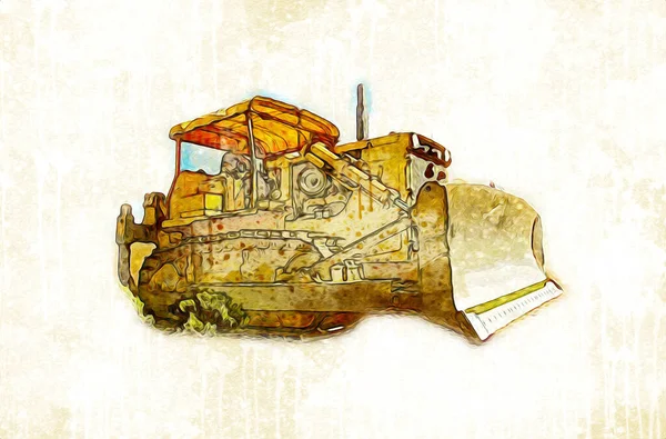 Bulldozer Illustration Couleur Art Grunge Dessin Vintage — Photo