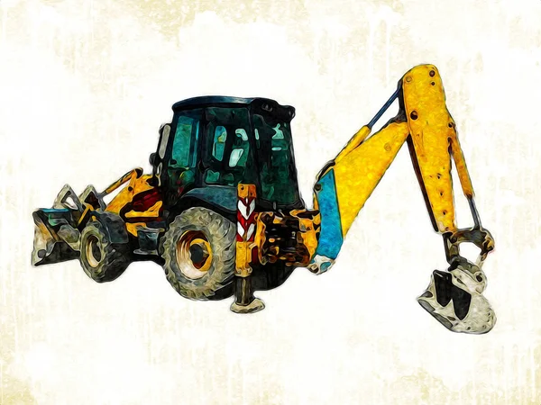 Excavator tractor illustration color isolated art work antique old