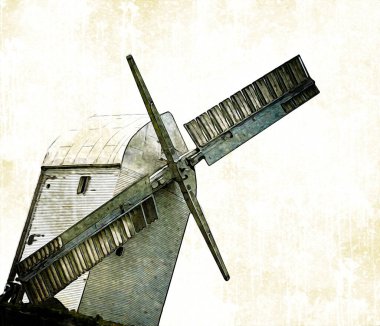 Eski yel değirmeni antika çizim sanatı