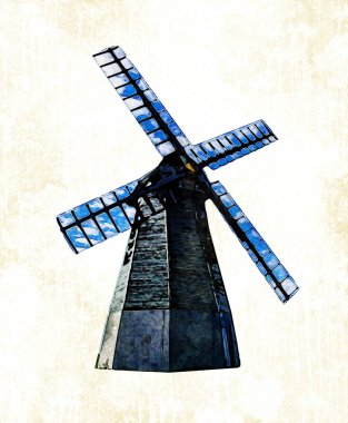 Eski yel değirmeni antika çizim sanatı