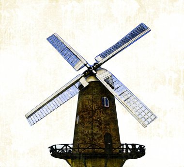 Eski yel değirmeni antika çizim sanatı