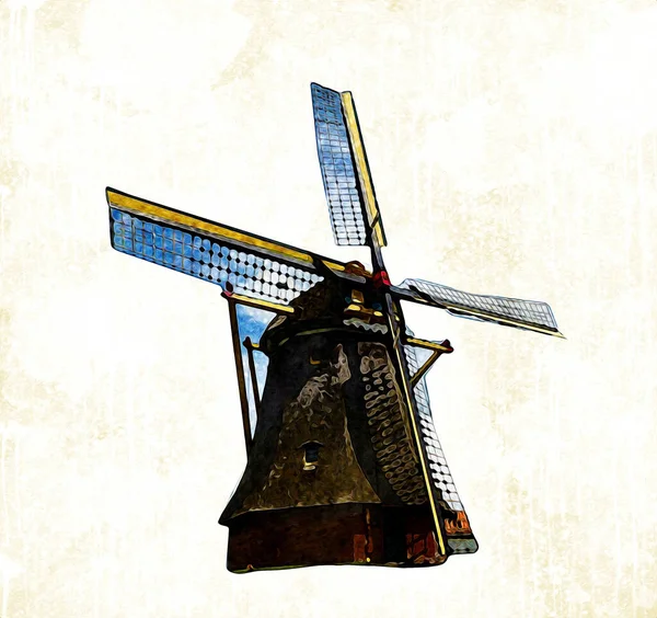 Windmühle Alten Retro Jahrgang Zeichnung Illustration Kunst — Stockfoto