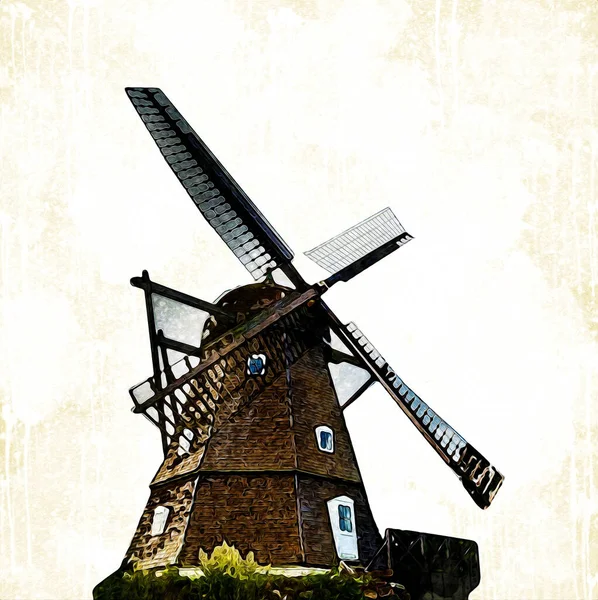 Windmühle Alten Retro Jahrgang Zeichnung Illustration Kunst — Stockfoto