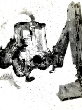 Kazı makinesi traktör çizimi rengi izole edilmiş antika sanat eserleri
