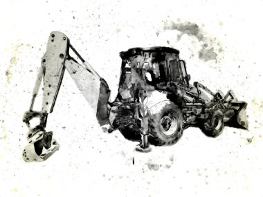 Kazı makinesi traktör çizimi rengi izole edilmiş antika sanat eserleri