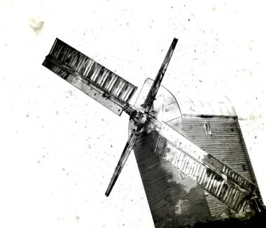 Eski yel değirmeni antika çizim sanatı