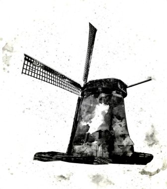 Eski yel değirmeni antika çizim sanatı