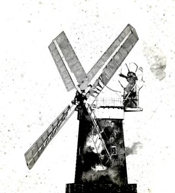 Eski yel değirmeni antika çizim sanatı