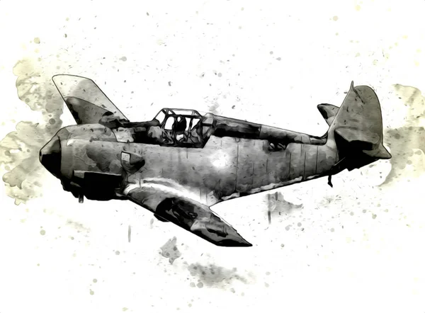 Viejo Avión Combate Aislado Sobre Fondo Blanco Arte Vintage Ilustración — Foto de Stock