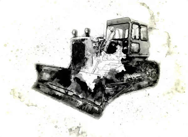 Bulldozer Ilustração Cor Arte Grunge Desenho Vintage — Fotografia de Stock