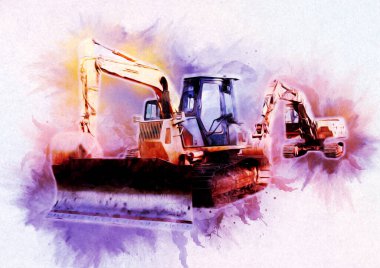 Buldozer illüstrasyon renk sanat grunge vintage çizim