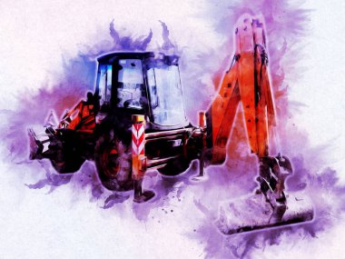 Kazı makinesi traktör çizimi rengi izole edilmiş antika sanat eserleri