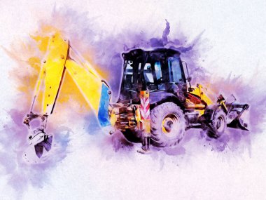 Kazı makinesi traktör çizimi rengi izole edilmiş antika sanat eserleri