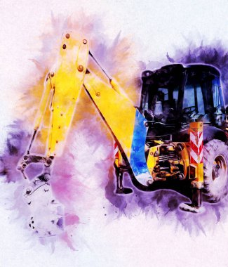 Kazı makinesi traktör çizimi rengi izole edilmiş antika sanat eserleri