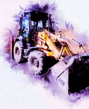 Kazı makinesi traktör çizimi rengi izole edilmiş antika sanat eserleri
