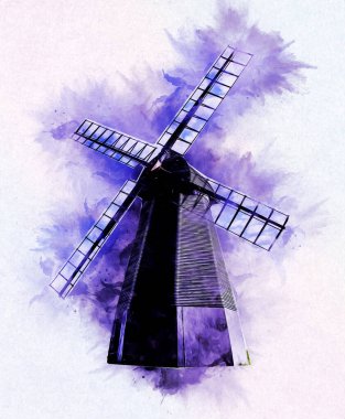 Eski yel değirmeni antika çizim sanatı