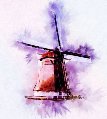 Eski yel değirmeni antika çizim sanatı