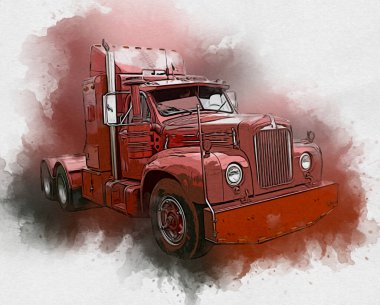 Amerikan kamyon illüstrasyon rengi izole edilmiş eski sanat eseri