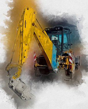 Kazı makinesi traktör çizimi rengi izole edilmiş antika sanat eserleri