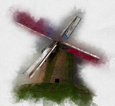 Eski yel değirmeni antika çizim sanatı