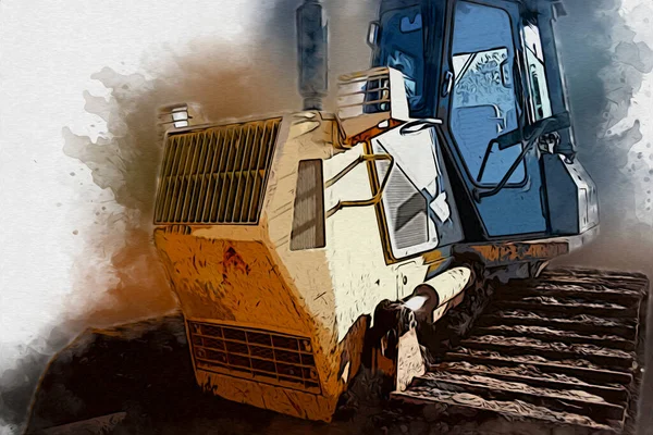 Bulldozer Ilustración Color Arte Grunge Dibujo Vintage — Foto de Stock