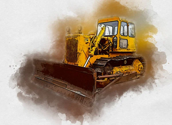 Bulldozer Ilustração Cor Arte Grunge Desenho Vintage — Fotografia de Stock