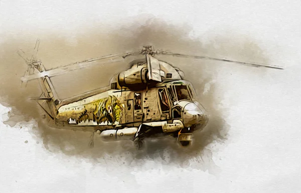 military helicopter drawing illustration art vintage