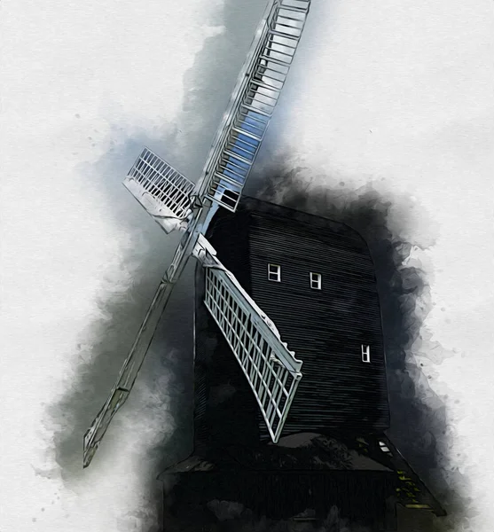 Windmühle Alten Retro Jahrgang Zeichnung Illustration Kunst — Stockfoto