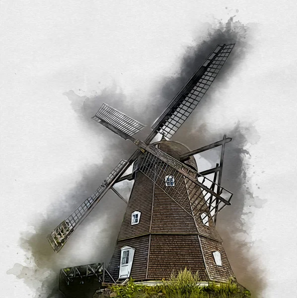 Windmühle Alten Retro Jahrgang Zeichnung Illustration Kunst — Stockfoto