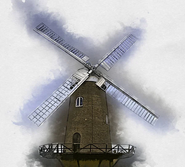 Windmühle Alten Retro Jahrgang Zeichnung Illustration Kunst — Stockfoto